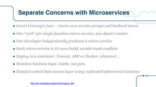 Separate Concerns with Microservices
http://en.wikipedia.org/wiki/Conway's_law
" Invert Conway’s Law – teams own service groups and backend stores
" One “verb” per single function micro-service, size doesn’t matter
" One developer independently produces a micro-service
" Each micro-service is it’s own build, avoids trunk conflicts
" Deploy in a container: Tomcat, AMI or Docker, whatever…
" Stateless business logic. Cattle, not pets.
" Stateful cached data access layer using replicated ephemeral instances
 