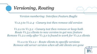 @adrianco
Versioning, Routing
Version numbering: Interface.Feature.Bugfix
V1.2.3 to V1.2.4 - Canary test then remove old version
V1.2.x to V1.3.x - Canary test then remove or keep both
Route V1.3.x clients to new version to get new feature
Remove V1.2.x only after V1.3.x is found to work for V1.2.x clients
V1.x.x to V2.x.x - Route clients to specific versions
Remove old server version when all old clients are gone
 