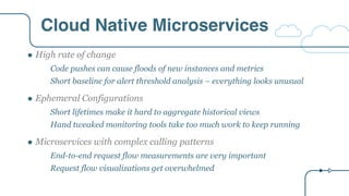 Cloud Native Microservices
" High rate of change
Code pushes can cause floods of new instances and metrics
Short baseline for alert threshold analysis – everything looks unusual
" Ephemeral Configurations
Short lifetimes make it hard to aggregate historical views
Hand tweaked monitoring tools take too much work to keep running
" Microservices with complex calling patterns
End-to-end request flow measurements are very important
Request flow visualizations get overwhelmed
 