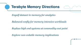 Terabyte Memory Directions
Engulf dataset in memory for analytics
Balanced config for memory intensive workloads
Replace high end systems at commodity cost point
Explore non-volatile memory implications
 