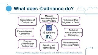 What does @adrianco do?
@adrianco
Technology Due
Diligence on Deals
Presentations at
Conferences
Presentations at
Companies
Technical
Advice for Portfolio
Companies
Program
Committee for
Conferences
Networking with
Interesting PeopleTinkering with
Technologies
Maintain
Relationship with
Cloud Vendors
Previously: Netflix, eBay, Sun Microsystems, CCL, TCU London BSc Applied Physics
 