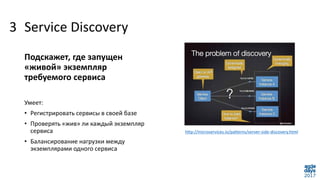 Service Discovery
Подскажет, где запущен
«живой» экземпляр
требуемого сервиса
Умеет:
• Регистрировать сервисы в своей базе
• Проверять «жив» ли каждый экземпляр
сервиса
• Балансирование нагрузки между
экземплярами одного сервиса
http://microservices.io/patterns/server-side-discovery.html
3
 