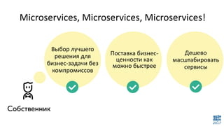 Выбор лучшего
решения для
бизнес-задачи без
компромиссов
Microservices, Microservices, Microservices!
Поставка бизнес-
ценности как
можно быстрее
Дешево
масштабировать
сервисы
 