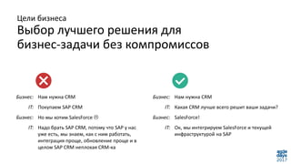 Цели бизнеса
Выбор лучшего решения для
бизнес-задачи без компромиссов
Нам нужна CRM
Покупаем SAP CRM
Но мы хотим SalesForce 
Надо брать SAP CRM, потому что SAP у нас
уже есть, мы знаем, как с ним работать,
интеграция проще, обновление проще и в
целом SAP CRM неплохая CRM-ка
Бизнес:
IT:
Бизнес:
IT:
Нам нужна CRM
Какая CRM лучше всего решит ваши задачи?
SalesForce!
Ок, мы интегрируем SalesForce и текущей
инфраструктурой на SAP
Бизнес:
IT:
Бизнес:
IT:
 