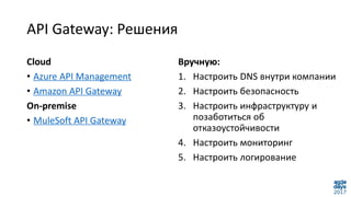 API Gateway: Решения
Cloud
• Azure API Management
• Amazon API Gateway
On-premise
• MuleSoft API Gateway
Вручную:
1. Настроить DNS внутри компании
2. Настроить безопасность
3. Настроить инфраструктуру и
позаботиться об
отказоустойчивости
4. Настроить мониторинг
5. Настроить логирование
 