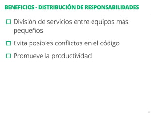 BENEFICIOS - DISTRIBUCIÓN DE RESPONSABILIDADES
▫︎División de servicios entre equipos más
pequeños
▫︎Evita posibles conﬂictos en el código
▫︎Promueve la productividad
22
 