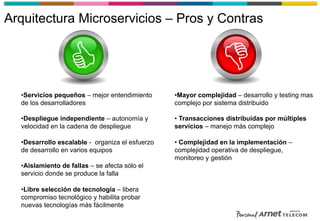 • Servicios pequeños – mejor entendimiento
de los desarrolladores
• Despliegue independiente – autonomía y
velocidad en la cadena de despliegue
• Desarrollo escalable - organiza el esfuerzo
de desarrollo en varios equipos
• Aislamiento de fallas – se afecta sólo el
servicio donde se produce la falla
• Libre selección de tecnología – libera
compromiso tecnológico y habilita probar
nuevas tecnologías más fácilmente
Arquitectura Microservicios – Pros y Contras
• Mayor complejidad – desarrollo y testing mas
complejo por sistema distribuido
• Transacciones distribuidas por múltiples
servicios – manejo más complejo
• Complejidad en la implementación –
complejidad operativa de despliegue,
monitoreo y gestión
 