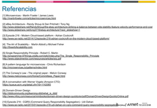 Referencias
[1] Microservices - Martin Fowler / James Lewis
http://martinfowler.com/articles/microservices.html
[2] eBay Architecture - Randy Shoup & Dan Pritchett / Tony Ng
http://www.slideshare.net/RandyShoup/the-ebay-architecture-striking-a-balance-between-site-stability-feature-velocity-performance-and-cost
http://www.slideshare.net/tcng3716/ebay-architecture?next_slideshow=1
[3] Episode 216 - Modern Cloud-based platform - Adrian Cockcroft
http://www.se-radio.net/2014/12/episode-216-adrian-cockcroft-on-the-modern-cloud-based-platform/
[4] The Art of Scalability - Martin Abbott y Michael Fisher
http://theartofscalability.com
[5] Single Responsibility Principle - Robert C. Martin
http://programmer.97things.oreilly.com/wiki/index.php/The_Single_Responsibility_Principle
http://www.objectmentor.com/resources/articles/srp.pdf
[6] A pattern language for microservices - Chris Richardson
http://microservices.io/patterns/index.html
[7] The Conway's Law - The original paper - Melvin Conway
http://www.melconway.com/Home/Committees_Paper.html
[8] A conversation with Werner Vogels (Amazon CTO)
https://queue.acm.org/detail.cfm?id=1142065
[9] Domain-Driven Design
http://dddcommunity.org/learning-ddd/what_is_ddd/
http://www.infoq.com/resource/minibooks/domain-driven-design-quickly/en/pdf/DomainDrivenDesignQuicklyOnline.pdf
[10] Episode 218 - CQRS (Command Query Responsibility Segregation) - Udi Dahan
http://www.se-radio.net/2015/01/episode-218-udi-dahan-on-cqrs-command-query-responsibility-segregation/
 