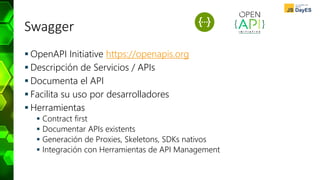 Swagger
 OpenAPI Initiative https://openapis.org
 Descripción de Servicios / APIs
 Documenta el API
 Facilita su uso por desarrolladores
 Herramientas
 Contract first
 Documentar APIs existents
 Generación de Proxies, Skeletons, SDKs nativos
 Integración con Herramientas de API Management
 