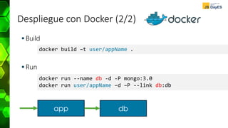 Despliegue con Docker (2/2)
 Build
 Run
docker build –t user/appName .
docker run --name db -d -P mongo:3.0
docker run user/appName –d –P --link db:db
dbapp
 