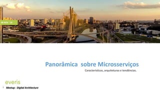 08 NOV ‘18
Panorâmica sobre Microsserviços
1 Meetup - Digital Architecture
Características, arquiteturas e tendências.
 