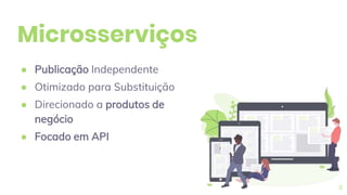 Microsserviços
● Publicação Independente
● Otimizado para Substituição
● Direcionado a produtos de
negócio
● Focado em API
8
 