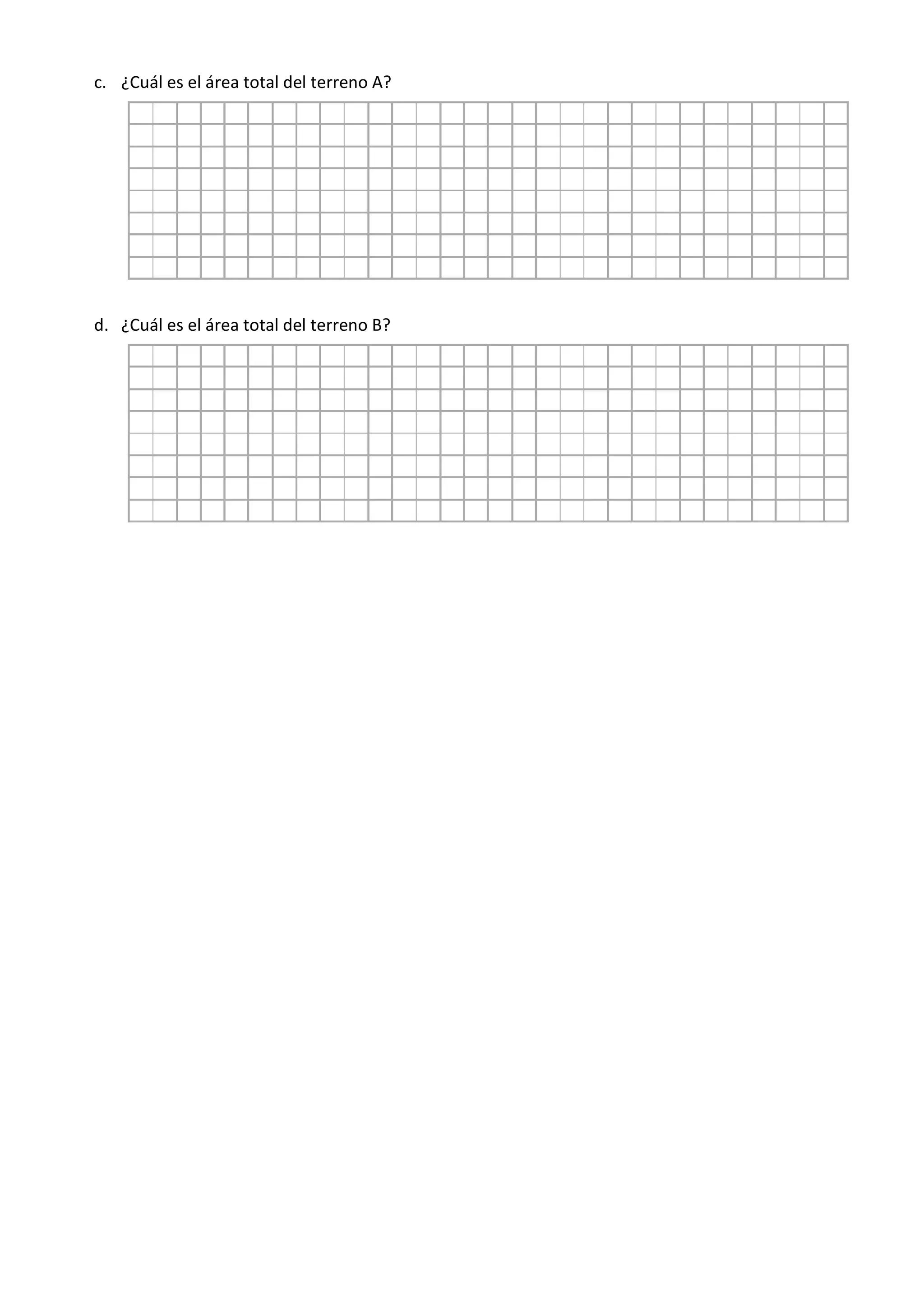 c. ¿Cuál es el área total del terreno A?
d. ¿Cuál es el área total del terreno B?
 