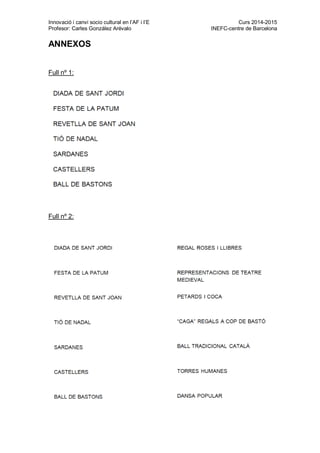 Innovació i canvi socio cultural en l’AF i l’E Curs 2014-2015
Profesor: Carles González Arévalo INEFC-centre de Barcelona
ANNEXOS
Full nº 1:
Full nº 2:
 