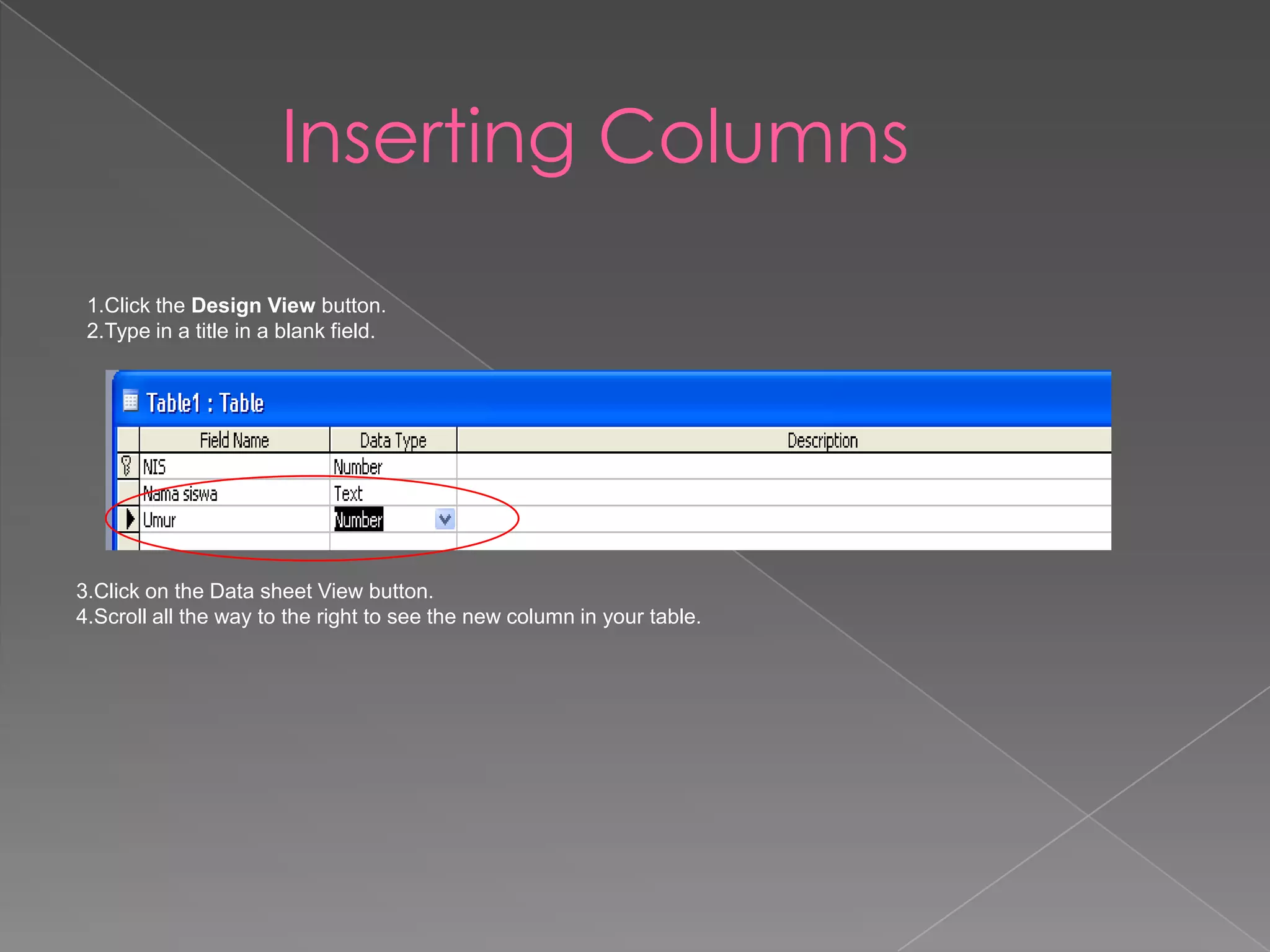 Inserting Columns
1.Click the Design View button.
2.Type in a title in a blank field.
3.Click on the Data sheet View button.
4.Scroll all the way to the right to see the new column in your table.
 