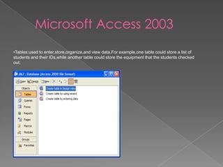 Microsoft Access 2003
•Tables:used to enter,store,organize,and view data.For example,one table could store a list of
students and their IDs,while another table could store the equipment that the students checked
out.
 
