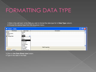 FORMATTING DATA TYPE
1.Click in the cell next to the field you wish to format the data type for in Data Type column.
2.Choose the desired type from the dropdown menu.
3.Click on the Data Sheet view button.
4.Type in the data in the field.
 