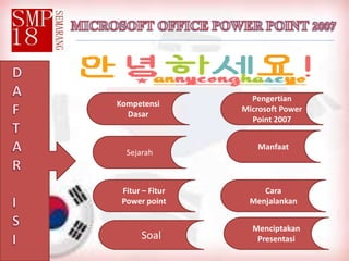 Kompetensi
Dasar
Pengertian
Microsoft Power
Point 2007
Manfaat
Fitur – Fitur
Power point
Cara
Menjalankan
Menciptakan
Presentasi
Sejarah
Soal
 