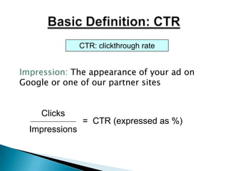 Benefits of AdWords:  High ROISample BudgetA business may receive substantially more than one thousand clicks, since AdWords discounts the price of each click, but for this example, we’ll assume they get exactly one thousand clicks for their budget.If 10% of these clicks convert into sales, this would produce 100 sales. If the average sale amount is one hundred dollars, the initial one thousand dollar investment will have returned ten thousand dollars in sales. 