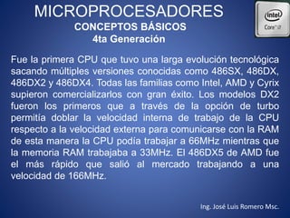 MICROPROCESADORES
CONCEPTOS BÁSICOS
4ta Generación
Fue la primera CPU que tuvo una larga evolución tecnológica
sacando múltiples versiones conocidas como 486SX, 486DX,
486DX2 y 486DX4. Todas las familias como Intel, AMD y Cyrix
supieron comercializarlos con gran éxito. Los modelos DX2
fueron los primeros que a través de la opción de turbo
permitía doblar la velocidad interna de trabajo de la CPU
respecto a la velocidad externa para comunicarse con la RAM
de esta manera la CPU podía trabajar a 66MHz mientras que
la memoria RAM trabajaba a 33MHz. El 486DX5 de AMD fue
el más rápido que salió al mercado trabajando a una
velocidad de 166MHz.
Ing. José Luis Romero Msc.
 