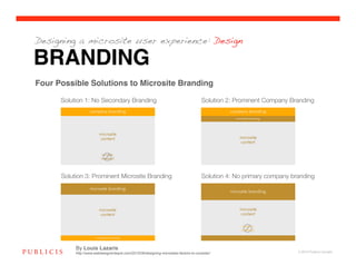 Designing a microsite user experience: Design

BRANDING
Four Possible Solutions to Microsite Branding!

      Solution 1: No Secondary Branding
                                              Solution 2: Prominent Company Branding




      Solution 3: Prominent Microsite Branding
                                       Solution 4: No primary company branding




           By Louis Lazaris
           http://www.webdesignerdepot.com/2010/08/designing-microsites-factors-to-consider/                           © 2010 Publicis Canada!
 