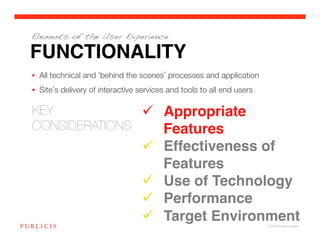 Elements of the User Experience

FUNCTIONALITY
•  All technical and behind the scenes processes and application
•  Site s delivery of interactive services and tools to all end users

KEY 
             Appropriate
CONSIDERATIONS
    Features!
                                    Effectiveness of
                                     Features!
                                    Use of Technology!
                                    Performance!
                                    Target Environment!                 © 2010 Publicis Canada!
 