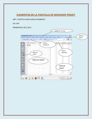 ELEMENTOS DE LA PANTALLA DE MICROSOF PROJET
ASPT: FUENTES FLORES DANILO RIGOBERTO

CIA: 2DA

PROMOCION: 2011-2013
                                                BARRA DE TITULOS


                                                                     BARRA DE
                                                                     MENUS



                                    GUIA DE
                                    PROYECTOS



                                                          ESCALA
                       BARRA DE                           TEMPORAL
                       VISTAS



                       TABLA DE TAREAS


                                                       AREA DE
                                                       GANTT
 