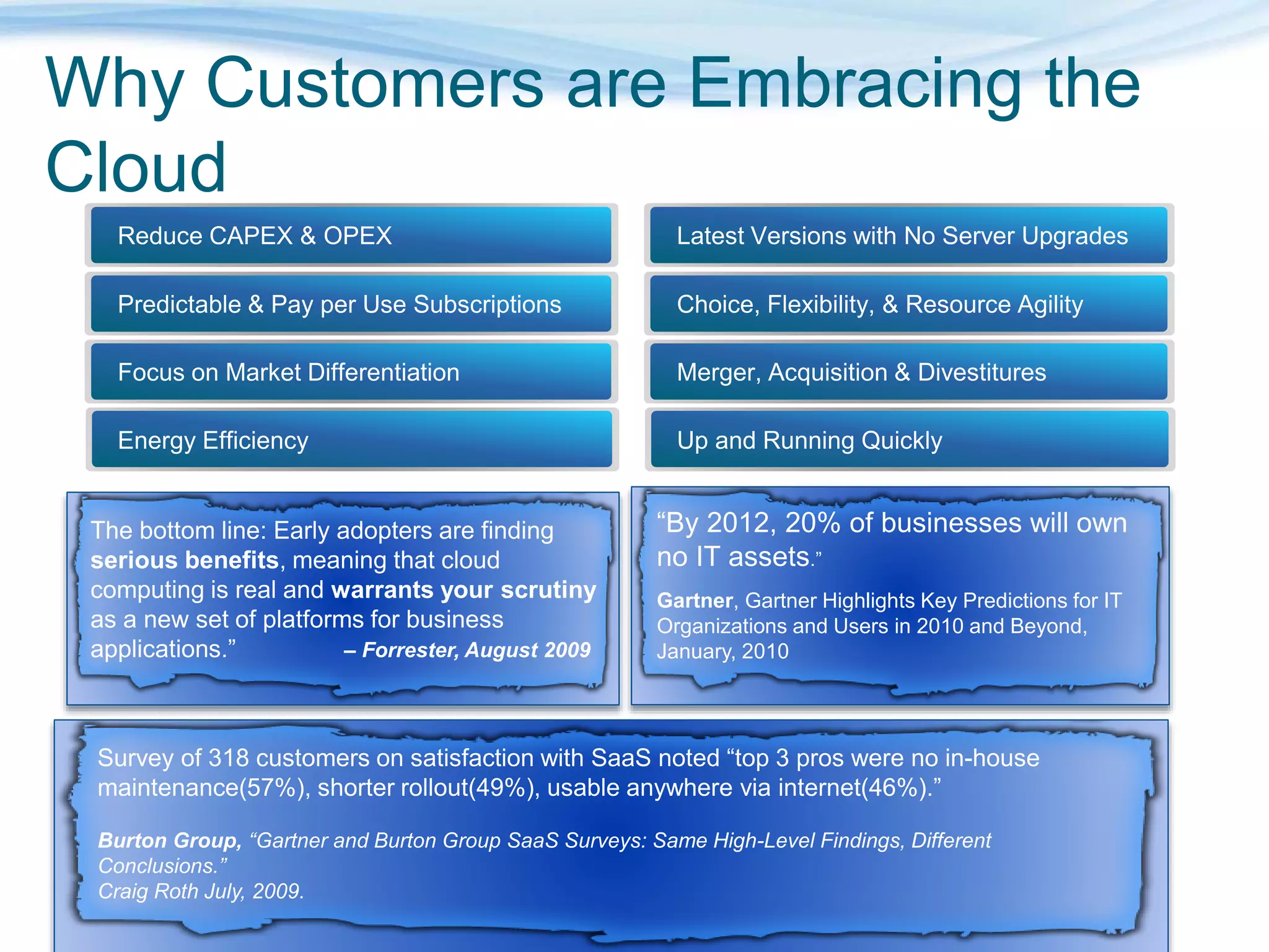 Why Customers are Embracing the
Cloud
Gartner Highlights Key Predictions for IT
Organizations and Users in 2010 and Beyond,
Burton Group, “Gartner and Burton Group SaaS Surveys: Same High-Level Findings, Different
Conclusions.”
Craig Roth July, 2009.
 