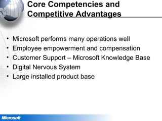 Core Competencies and
Competitive Advantages
• Microsoft performs many operations well
• Employee empowerment and compensation
• Customer Support – Microsoft Knowledge Base
• Digital Nervous System
• Large installed product base
 