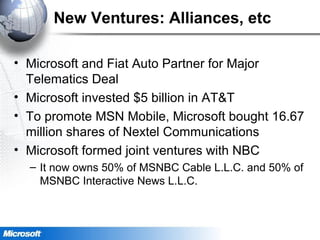 New Ventures: Alliances, etc
• Microsoft and Fiat Auto Partner for Major
Telematics Deal
• Microsoft invested $5 billion in AT&T
• To promote MSN Mobile, Microsoft bought 16.67
million shares of Nextel Communications
• Microsoft formed joint ventures with NBC
– It now owns 50% of MSNBC Cable L.L.C. and 50% of
MSNBC Interactive News L.L.C.
 