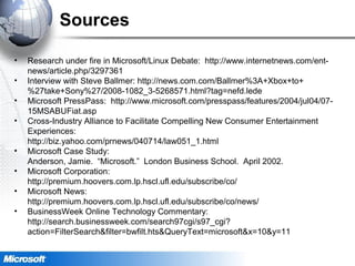 Sources
• Research under fire in Microsoft/Linux Debate: http://www.internetnews.com/ent-
news/article.php/3297361
• Interview with Steve Ballmer: http://news.com.com/Ballmer%3A+Xbox+to+
%27take+Sony%27/2008-1082_3-5268571.html?tag=nefd.lede
• Microsoft PressPass: http://www.microsoft.com/presspass/features/2004/jul04/07-
15MSABUFiat.asp
• Cross-Industry Alliance to Facilitate Compelling New Consumer Entertainment
Experiences:
http://biz.yahoo.com/prnews/040714/law051_1.html
• Microsoft Case Study:
Anderson, Jamie. “Microsoft.” London Business School. April 2002.
• Microsoft Corporation:
http://premium.hoovers.com.lp.hscl.ufl.edu/subscribe/co/
• Microsoft News:
http://premium.hoovers.com.lp.hscl.ufl.edu/subscribe/co/news/
• BusinessWeek Online Technology Commentary:
http://search.businessweek.com/search97cgi/s97_cgi?
action=FilterSearch&filter=bwfilt.hts&QueryText=microsoft&x=10&y=11
 