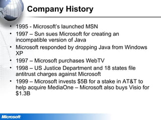 Company History
• 1995 - Microsoft’s launched MSN
• 1997 – Sun sues Microsoft for creating an
incompatible version of Java
• Microsoft responded by dropping Java from Windows
XP
• 1997 – Microsoft purchases WebTV
• 1998 – US Justice Department and 18 states file
antitrust charges against Microsoft
• 1999 – Microsoft invests $5B for a stake in AT&T to
help acquire MediaOne – Microsoft also buys Visio for
$1.3B
 