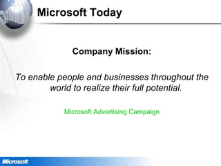 Microsoft Today
Company Mission:
To enable people and businesses throughout the
world to realize their full potential.
Microsoft Advertising Campaign
 