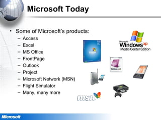 Microsoft Today
• Some of Microsoft’s products:
– Access
– Excel
– MS Office
– FrontPage
– Outlook
– Project
– Microsoft Network (MSN)
– Flight Simulator
– Many, many more
 