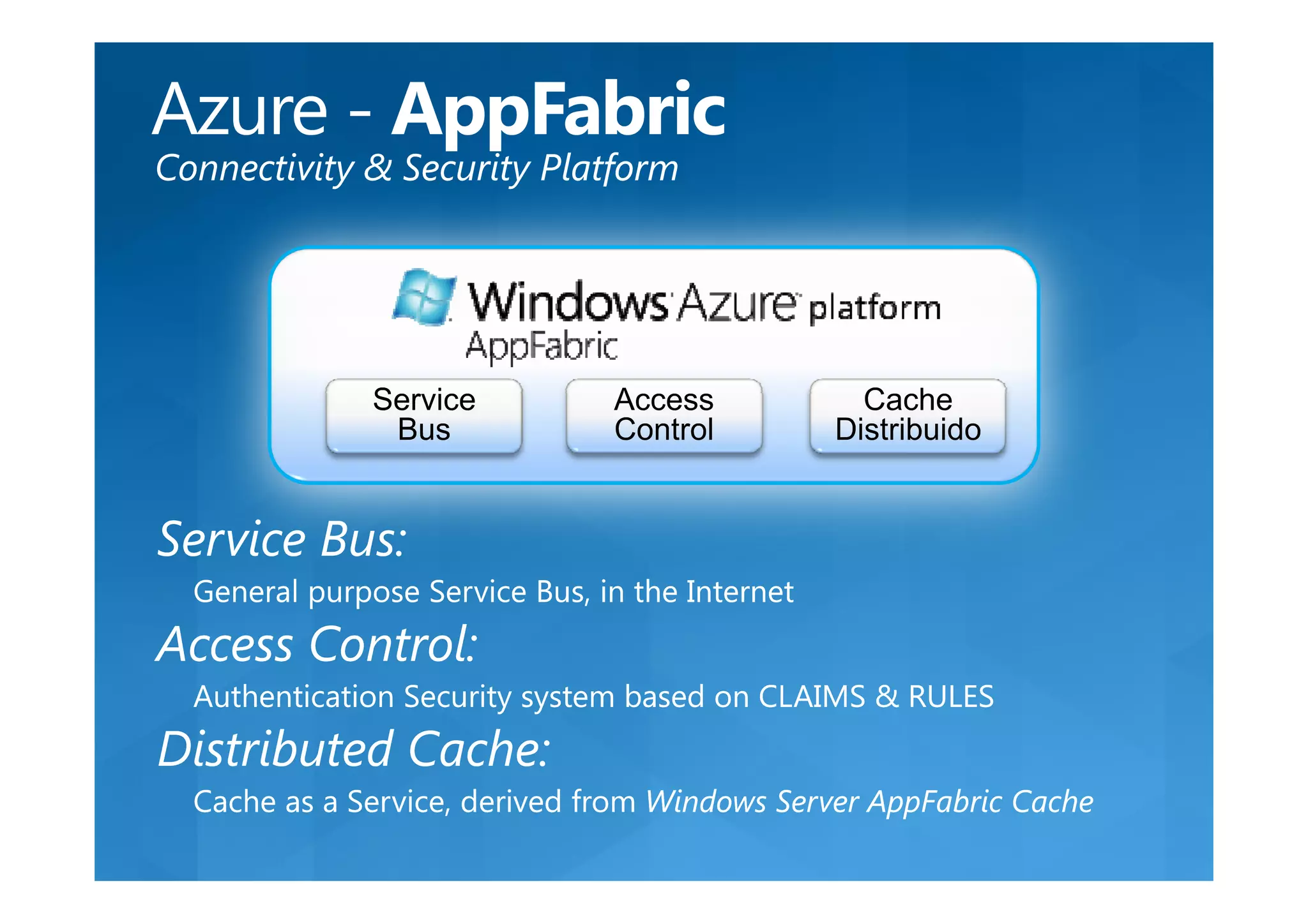 Connectivity & Security Platform




Service Bus:
  General purpose Service Bus, in the Internet
Access Control:
  Authentication Security system based on CLAIMS & RULES
Distributed Cache:
  Cache as a Service, derived from Windows Server AppFabric Cache
 