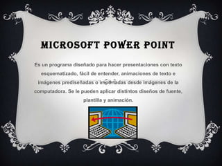 MICROSOFT POWER POINT
Es un programa diseñado para hacer presentaciones con texto
  esquematizado, fácil de entender, animaciones de texto e
 imágenes prediseñadas o importadas desde imágenes de la
computadora. Se le pueden aplicar distintos diseños de fuente,
                    plantilla y animación.
 