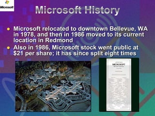    Microsoft relocated to downtown Bellevue, WA
    in 1978, and then in 1986 moved to its current
    location in Redmond
   Also in 1986, Microsoft stock went public at
    $21 per share; it has since split eight times
 