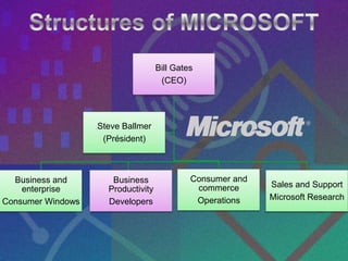 Bill Gates
                                     (CEO)




                   Steve Ballmer
                    (Président)



  Business and        Business               Consumer and
                                              commerce      Sales and Support
    enterprise       Productivity
                                              Operations    Microsoft Research
Consumer Windows     Developers
 