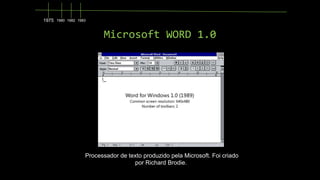 1975

1980 1982 1983

Microsoft WORD 1.0

Processador de texto produzido pela Microsoft. Foi criado
por Richard Brodie.

 