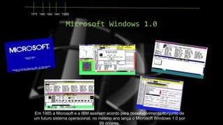 1975 1980 1982 1983 1985

Microsoft Windows 1.0

Em 1985 a Microsoft e a IBM assinam acordo para desenvolvimento conjunto ...
