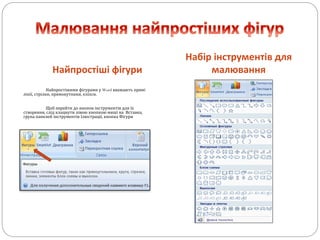 Найпростіші фігури
Набір інструментів для
малювання
Найпростішими фігурами у Word вважають прямі
лінії, стрілки, прямокутники, еліпси.
Щоб перейти до кнопок інструментів для їх
створення, слід клацнути лівою кнопкою миші на Вставка,
група панелей інструментів Ілюстрації, кнопка Фігури
 