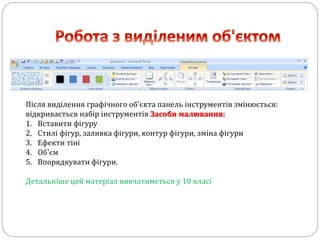 Після виділення графічного об'єкта панель інструментів змінюється:
відкривається набір інструментів Засоби малювання:
1. Вставити фігуру
2. Стилі фігур, заливка фігури, контур фігури, зміна фігури
3. Ефекти тіні
4. Об'єм
5. Впорядкувати фігури.
Детальніше цей матеріал вивчатиметься у 10 класі
 