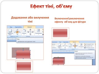 Додавання або вилучення
тіні
Включеннявиключення
ефекту об'єму для фігури
 