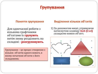 Поняття групування Виділення кількох об'єктів
Для одночасної роботи з
кількома графічними
об'єктами їх групують
потім знову розділяють на
складові - розгруповують.
1) За допомогою миші, утримуючи
натиснутою клавішу Shift (Ctrl)
(клацаємо кожен об'єкт)
Групування – це процес створення з
кількох об'єктів одного нового, в
якому початкові об'єкти є його
складовими.
 