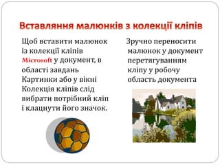 Щоб вставити малюнок
із колекції кліпів
Microsoft у документ, в
області завдань
Картинки або у вікні
Колекція кліпів слід
вибрати потрібний кліп
і клацнути його значок.
Зручно переносити
малюнок у документ
перетягуванням
кліпу у робочу
область документа
 