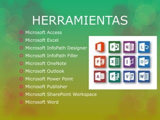 HERRAMIENTAS 
 Microsoft Access 
 Microsoft Excel 
 Microsoft InfoPath Designer 
 Microsoft InfoPath Filler 
 Microsoft OneNote 
 Microsoft Outlook 
 Microsoft Power Point 
 Microsoft Publisher 
 Microsoft SharePoint Workspace 
 Microsoft Word 
 