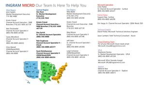 INGRAM MICRO Our Team Is Here To Help You
West Region
Amir Sedehi
Market Development Executive
714-382-4680
Kristin Friend
Channel Account Executive – SMB
Branches (716) 633-3600 x67139
Alex Dockstader
Channel Account Specialist II
(800) 456-8000 x67282
Casey Woodlock
Channel Account Specialist II
Cloud
(800)-456-8000 x66432
Chris Meindl
(OEM/Retail/ESD)
Channel Account Specialist II
(800)-456-8000
Central Region
Dan Rust
Sr. Market Development
Executive
(716) 228-7652
Kristin Friend
Channel Account Executive –
SMB Branches (716) 633-3600
x67139
Dan Eyrick
Sr. Channel Account Specialist
(800)-456-8000
Rob Gugliuzza
Channel Account Specialist II –
Cloud
(800)-456-8000 x65377
Scott Richthammer
Channel Account Specialist II
(OEM/Retail/ESD)
(800) 456-8000 x66354
East Region
Mike Bellet
Market Development Executive
(716) 465-2752
(800) 456-8000 x65358
Kristin Friend
Channel Account Executive – SMB
Branches
(716) 633-3600 x67139
Meg Moore
Channel Account Specialist II
(800) 456-8000 x67348
Jeff Fabin
Sr. Channel Account Specialist –
Cloud
(800)-456-8000 x65360
Leigh Schreiner
(OEM/Retail/ESD)
Channel Account Specialist II
(800)-456-8000 x65326
Microsoft Specialists
Chris Parker
Sr. Channel Account Specialist - Surface
(800) 456-8000 x65227
Patrick Flatley
Support Rep- Surface
(800) 456-8000 x66296
Eric Varga, Sr. Channel Account Specialist- OEM, Retail, ESD
Technical Experts
David Priebe, Microsoft Technical Solutions Engineer
Jason Lambert, Field Technical Consultant - Azure
Cloud OneStop Team
For all your Microsoft Cloud needs email:
Microsoft-Cloud@ingrammicro.com
SPLA
Stephanie Danieu
Sr. Market Development Specialist – SPLA
(800) 456-8000 x67258
Microsoft SPLA: Danielle Huegel
Microsoft-SPLA@ingrammicro.com
SkyKick
Melanie Noe
Channel Account Specialist II – SkyKick
(800) 456-8000 x66615
ND
SD
NE
KS
MN
IA
MO
MI
IN OH
KY
TN
WI
IL
OK AR
LATX
WA
OR ID
MT
WY
NV UT CO
AZ NM
MSAL
FL
GASC
NC
WV
VA
MDDE
NY
VT
NH
CTRI
ME
MA
PA
NY
SoCal
NorCal
HI
NJ
 