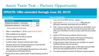 Azure Taste Test – Partner Opportunity
UPDATE: Offer extended through June 30, 2015!
How it Works How to Participate
*Maximum payout of $1,500 per partner
• Offer in market March 1, 2015 through June 30, 2015
• Offer available for all resellers
• Maximum payout of $1,500 per partner
• Limited to SMB segment only
• Limited to Open Licenses including Open Value
• Windows Server and corresponding Azure unit(s) DO NOT
have to be sold to the same customer
• Offer limited to first 2,000 eligible Microsoft Azure units sold in
correspondence to Windows Servers
• Check will be sent to partner within 45 days following month of
1. If you are not an MPN member, register here
2. Log in to the Partner Investment Engine (PIE) with your
Microsoft credentials associated with your MPN ID
3. Click “I have an access code” and enter your information. If you
are a first time user, click “I do not have an access code” and
enter your information so that an access code may be provided
to you
4. Agree to PIE terms and conditions (first time only)
5. Select the Azure Taste Test tile under Payment Processing
Programs and fill out the necessary information
6. E-sign the Azure Taste Test terms and conditions to request
that Microsoft send you the payment
7. Microsoft will track eligible sales via MS Sales during the offer
period and pay qualifying partners via direct rebate
8. You will be required to submit a W-9 form to receive payment
Product via Open Payout Rate*
Windows Server Standard + 1 unit of Azure $100
Windows Server Datacenter + 3 units of Azure $300
 