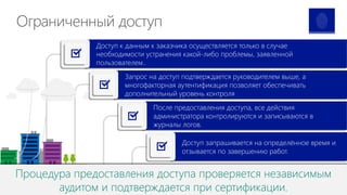 Процедура предоставления доступа проверяется независимым
аудитом и подтверждается при сертификации.
Процедура предоставления доступа проверяется независимым
аудитом и подтверждается при сертификации.
Ограниченный доступ
Доступ к данным к заказчика осуществляется только в случае
необходимости устранения какой-либо проблемы, заявленной
пользователем..
Доступ к данным к заказчика осуществляется только в случае
необходимости устранения какой-либо проблемы, заявленной
пользователем..
Запрос на доступ подтверждается руководителем выше, а
многофакторная аутентификация позволяет обеспечивать
дополнительный уровень контроля
Запрос на доступ подтверждается руководителем выше, а
многофакторная аутентификация позволяет обеспечивать
дополнительный уровень контроля
После предоставления доступа, все действия
администратора контролируются и записываются в
журналы логов.
После предоставления доступа, все действия
администратора контролируются и записываются в
журналы логов.
Доступ запрашивается на определённое время и
отзывается по завершению работ.
Доступ запрашивается на определённое время и
отзывается по завершению работ.
 