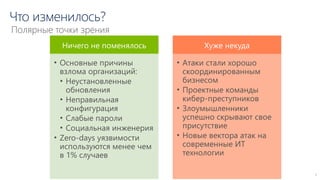 Что изменилось?
7
Полярные точки зрения
Ничего не поменялось
• Основные причины
взлома организаций:
• Неустановленные
обновления
• Неправильная
конфигурация
• Слабые пароли
• Социальная инженерия
• Zero-days уязвимости
используются менее чем
в 1% случаев
Хуже некуда
• Атаки стали хорошо
скоординированным
бизнесом
• Проектные команды
кибер-преступников
• Злоумышленники
успешно скрывают свое
присутствие
• Новые вектора атак на
современные ИТ
технологии
 
